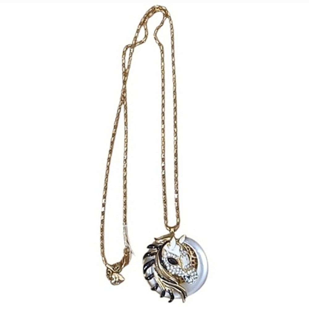 Betsey Johnson Horse Pendant Necklace Enamel Rhinestones Rose Gold Chain